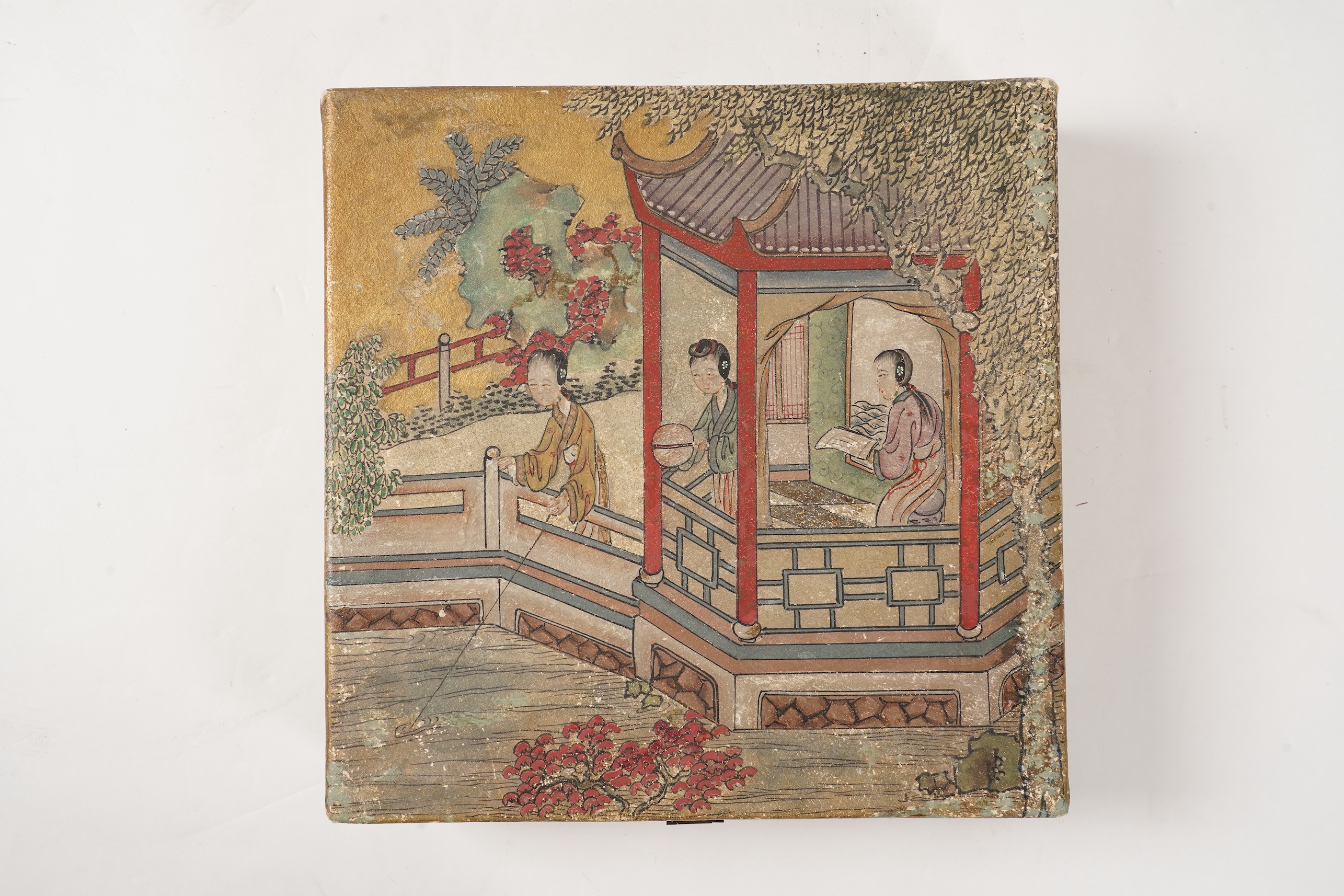 A collection of 19th/20th century Chinese embroidered silk spectacle cases and various spectacles, Box 33cm square